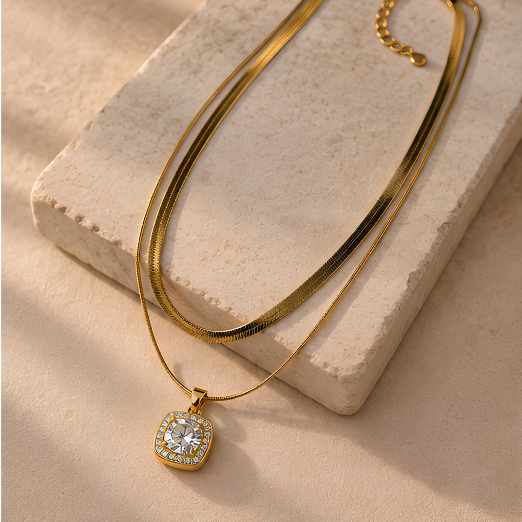 Women's Gold-Tone Layered Necklace with Square & Round Pendant Charms