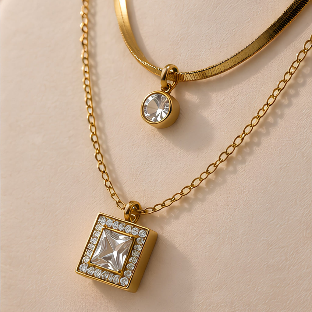 Women's Gold-Tone Layered Necklace with Square & Round Pendants