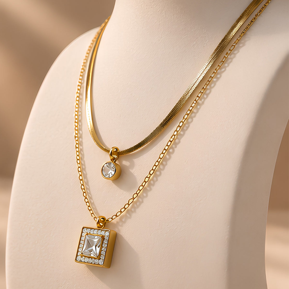 Women's Gold-Tone Layered Necklace with Square & Round Pendants Main image