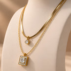 Women's Gold-Tone Layered Necklace with Square & Round Pendants