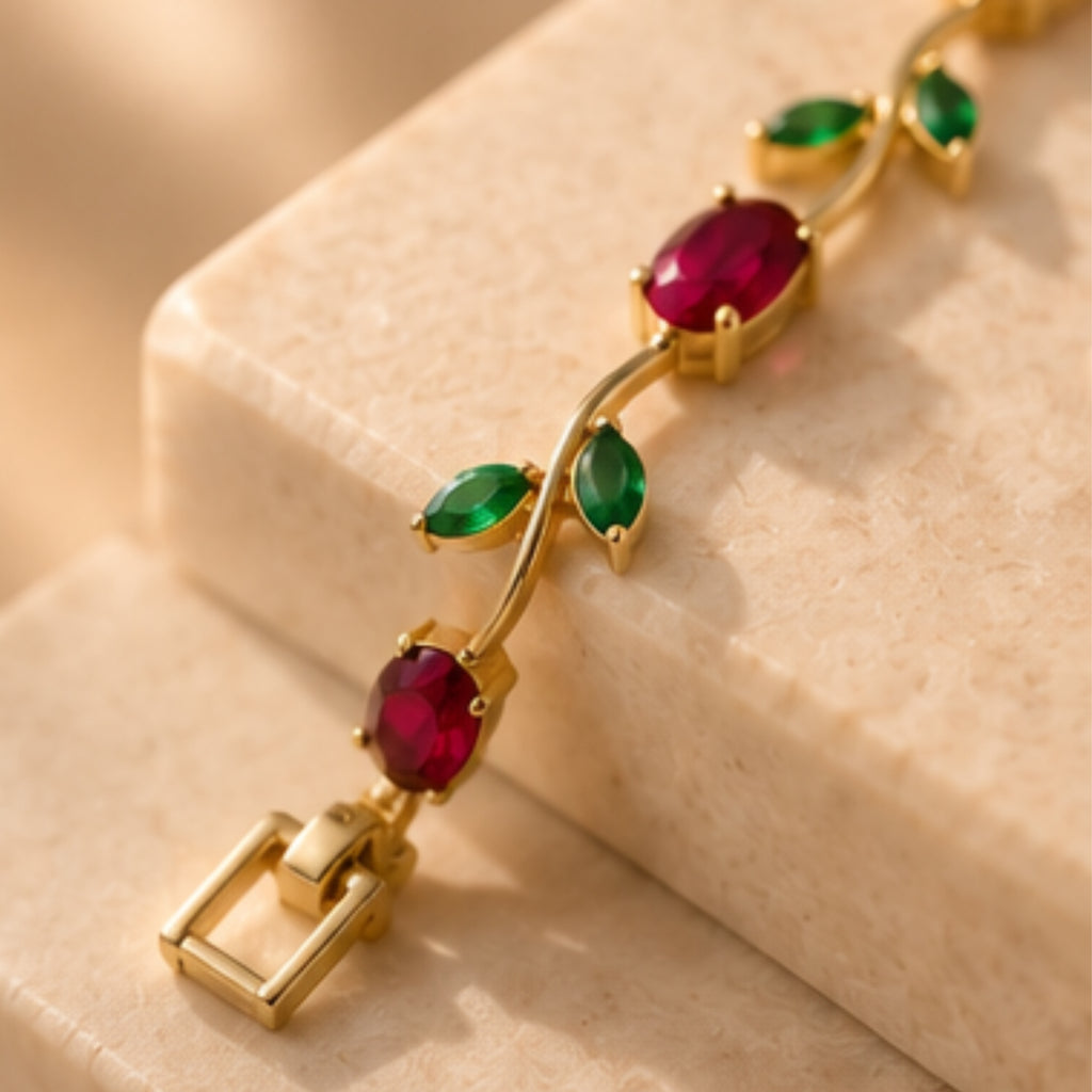 Red & Green Tulip Bracelet for Women | 18K Gold Plated
