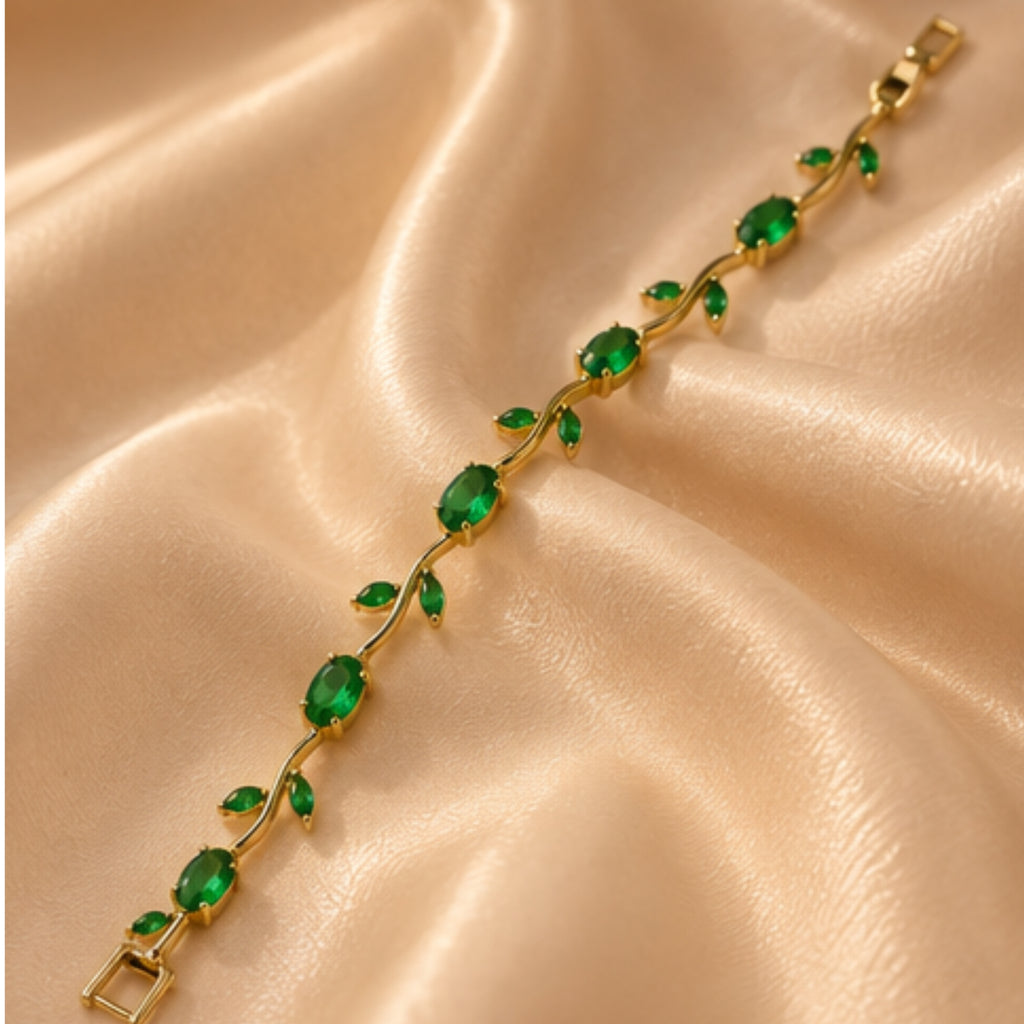 Emerald Green Vine Bracelet for Women | 18K Gold Plated