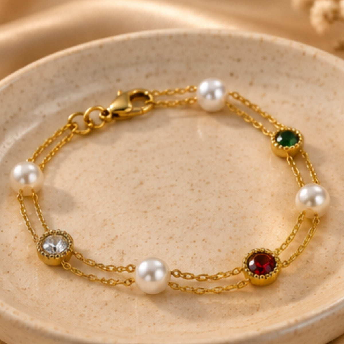 Red Green Pearl Bracelet for Women | 18K Gold Plated Main image
