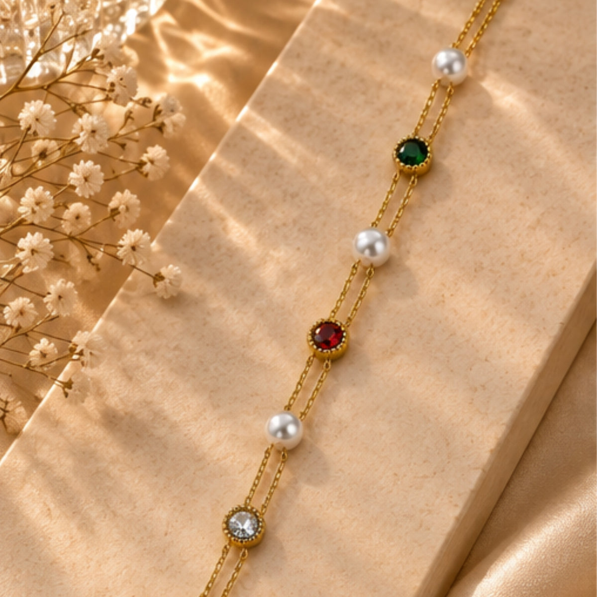 Red Green Pearl Bracelet for Women | 18K Gold Plated