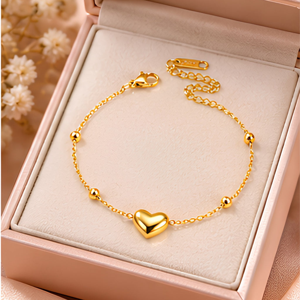 Anti-Tarnish Heart Charm Gold-Tone Bracelet for Women