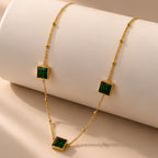 Women's Green Square Pendant Gold-Tone Necklace