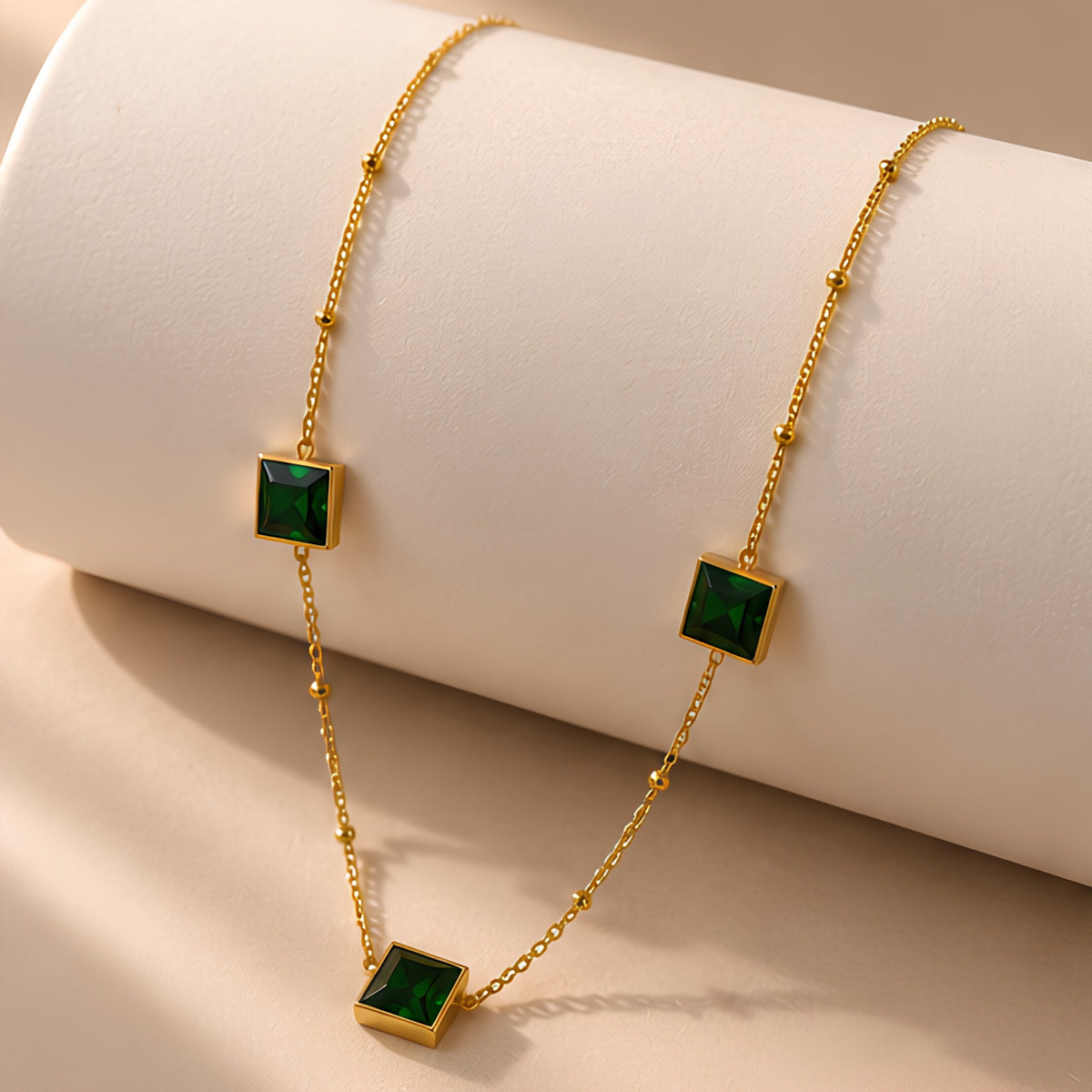 Women's Green Square Pendant Gold-Tone Necklace
