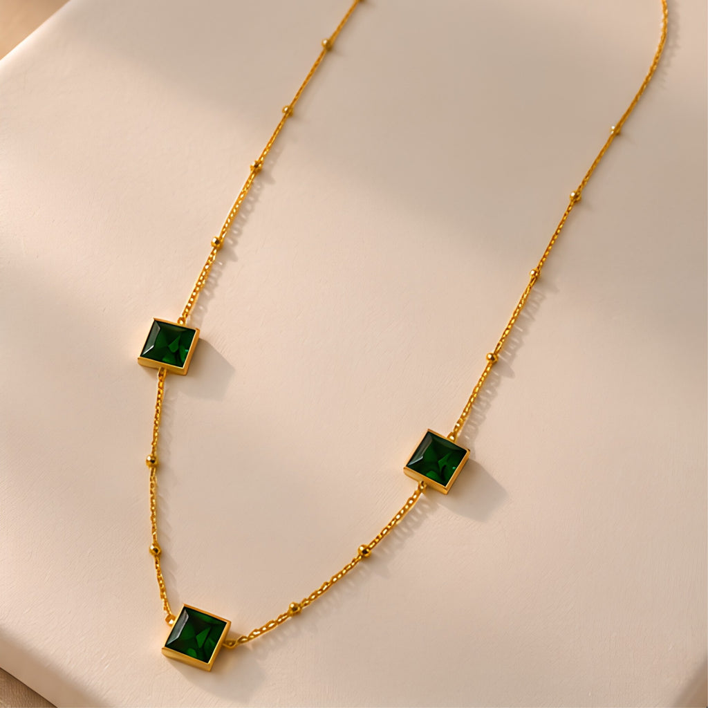 Women's Green Square Pendant Gold-Tone Necklace