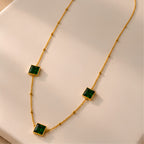 Women's Green Square Pendant Gold-Tone Necklace