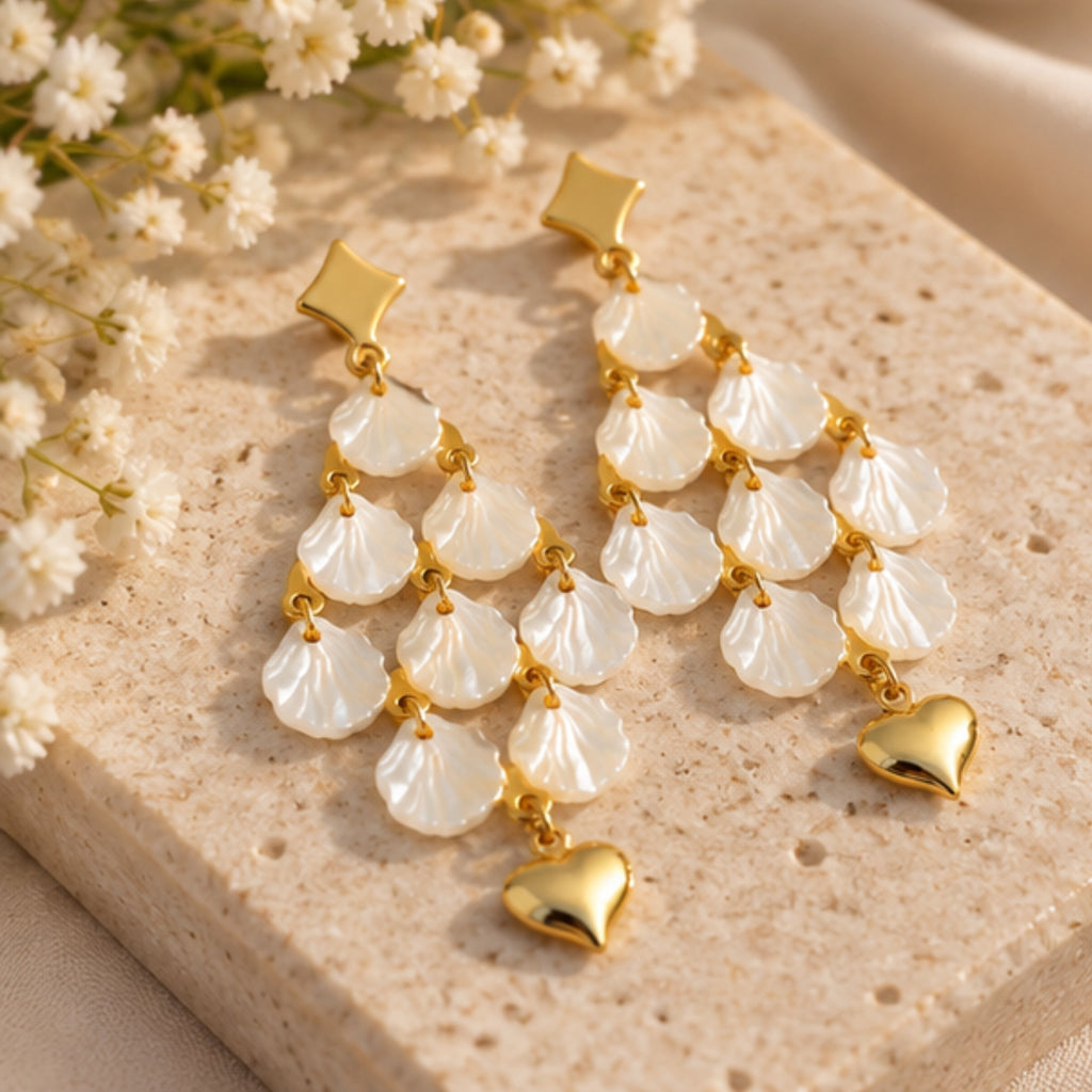 White Shell Heart Cascade Anti-Tarnish Earrings for Women | ZELVÉE