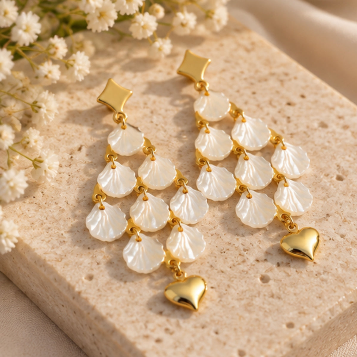 White Shell Heart Cascade Anti-Tarnish Earrings for Women | ZELVÉE