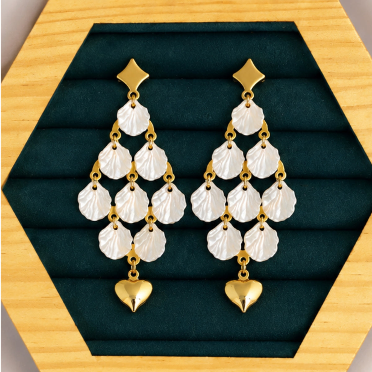 White Shell Heart Cascade Anti-Tarnish Earrings for Women | ZELVÉE