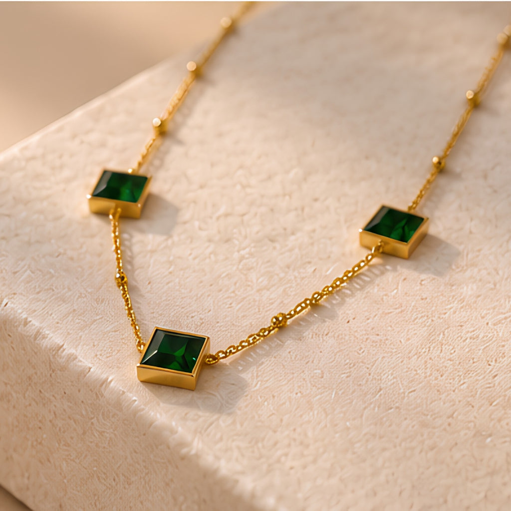 Women's Green Square Pendant Gold-Tone Necklace
