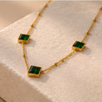 Women's Green Square Pendant Gold-Tone Necklace