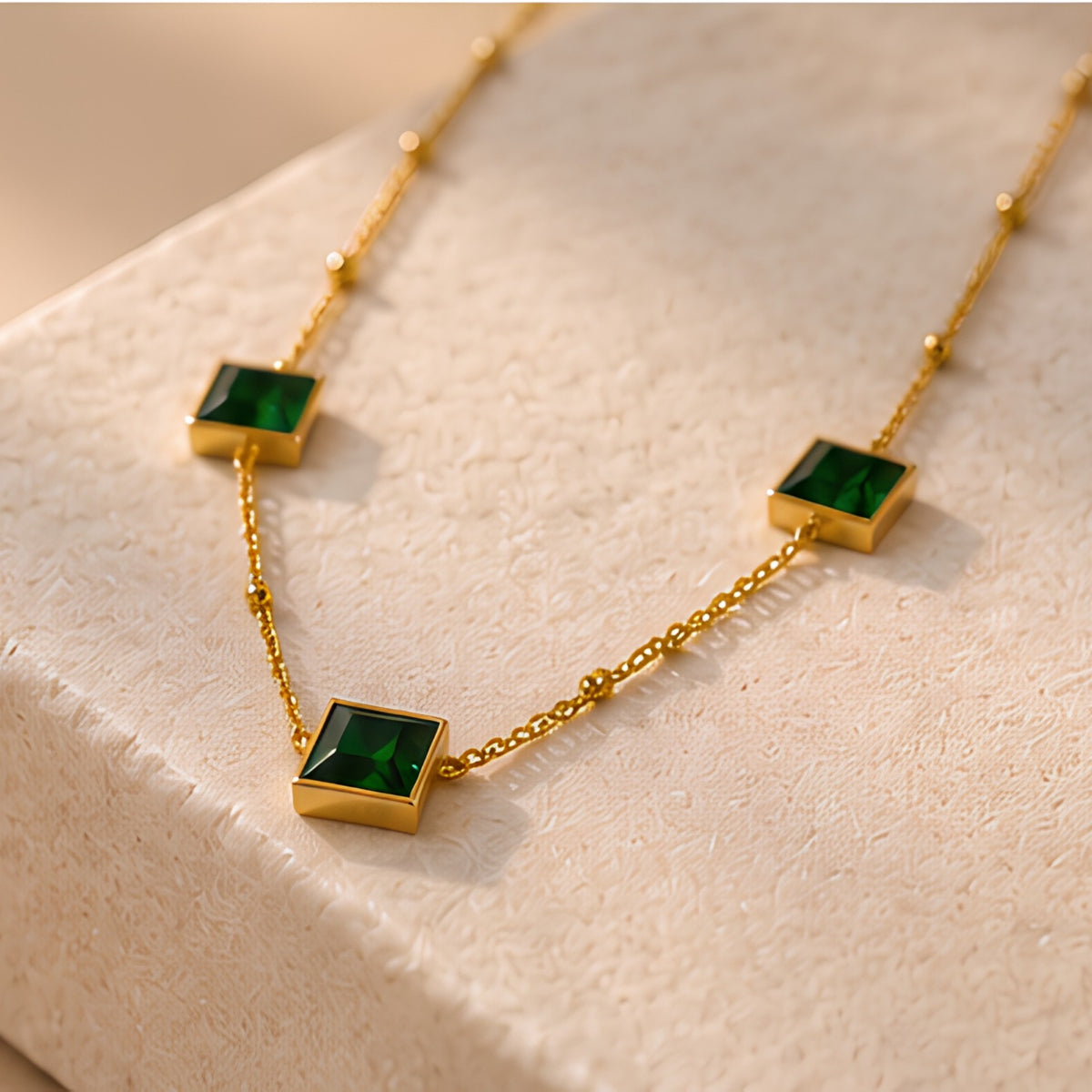 Women's Green Square Pendant Gold-Tone Necklace
