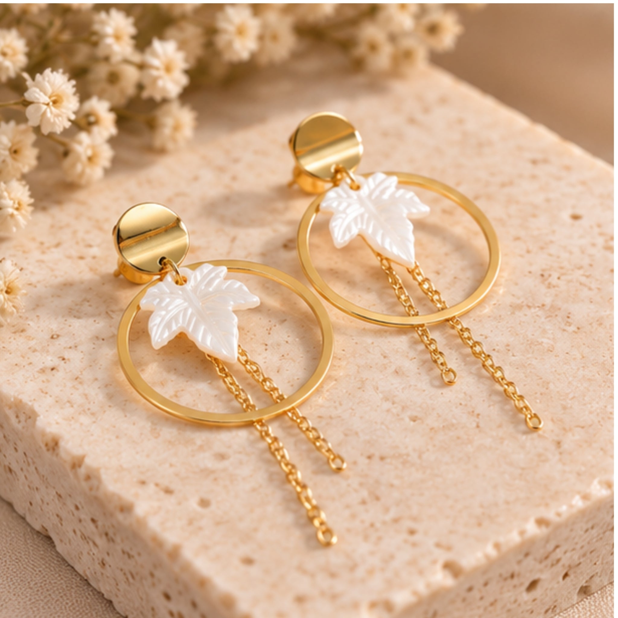White Leaf Hoop Chain Anti-Tarnish Earrings for Women | ZELVÉE Secondary image