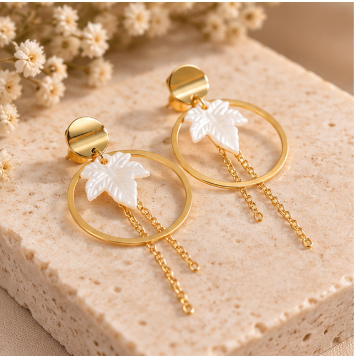 White Leaf Hoop Chain Anti-Tarnish Earrings for Women | ZELVÉE