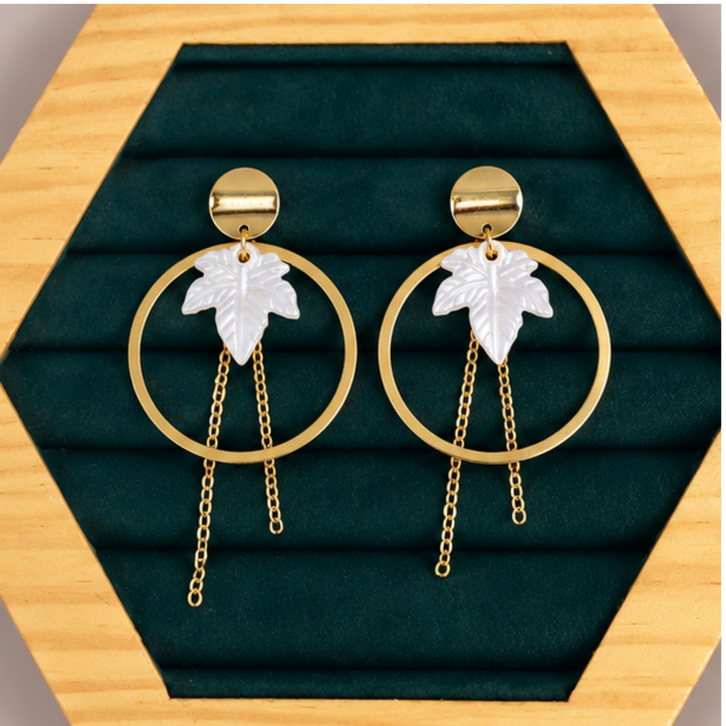 White Leaf Hoop Chain Anti-Tarnish Earrings for Women | ZELVÉE