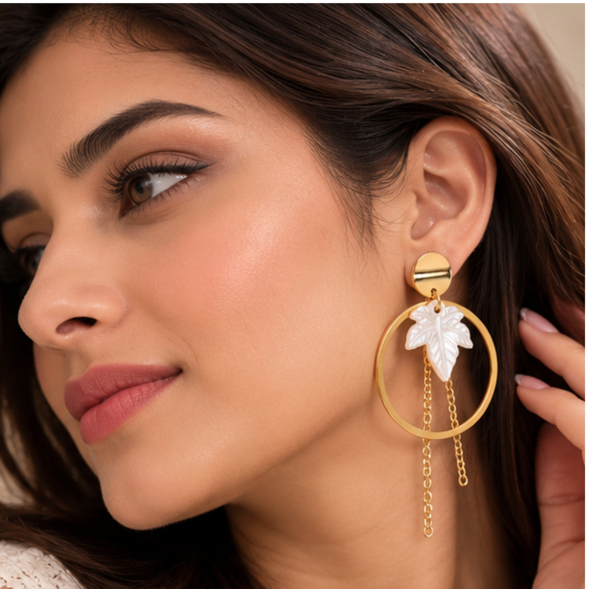 White Leaf Hoop Chain Anti-Tarnish Earrings for Women | ZELVÉE