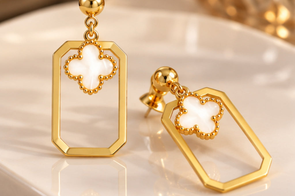 White Clover Geometric Anti-Tarnish Drop Earrings for Women | ZELVÉE