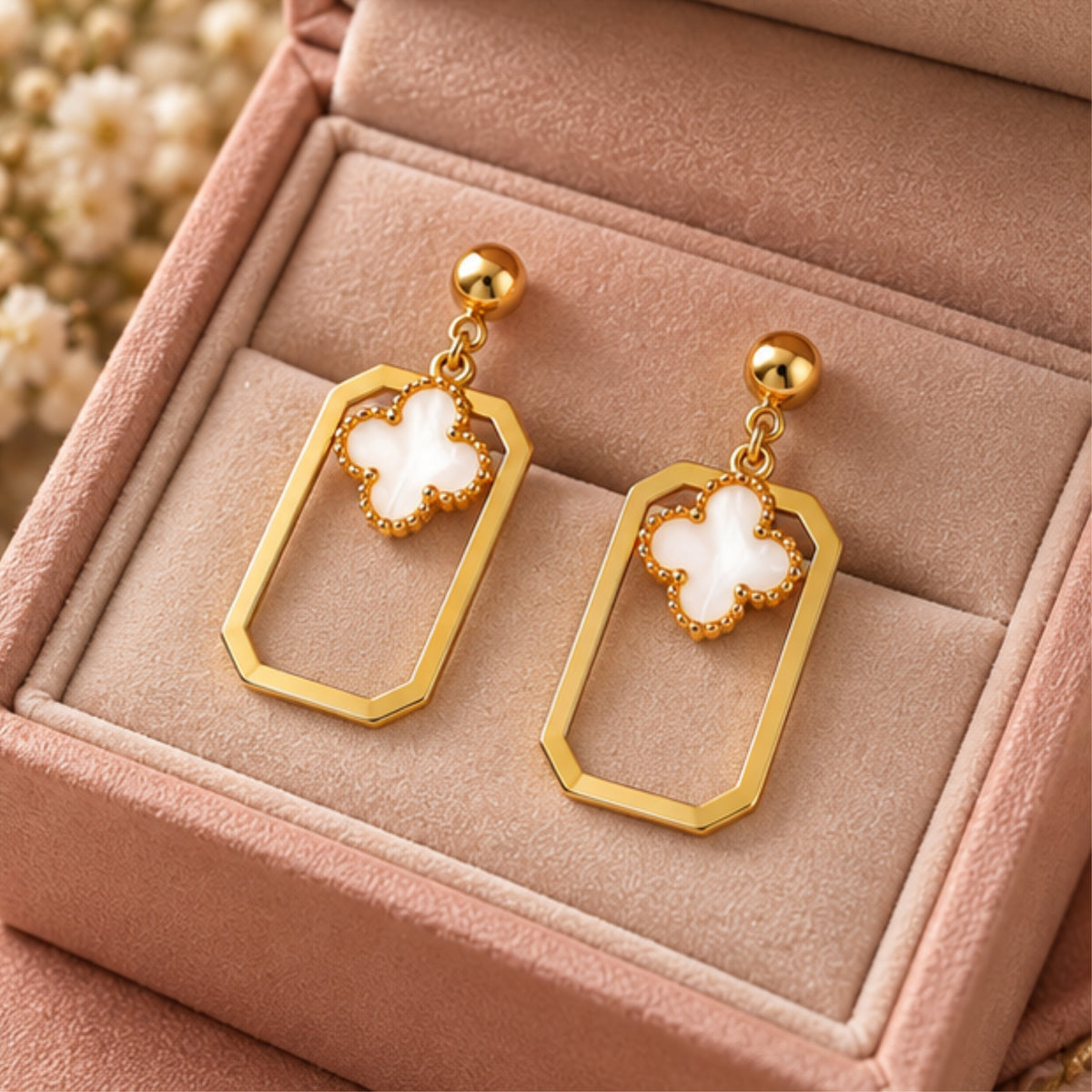 White Clover Geometric Anti-Tarnish Drop Earrings for Women | ZELVÉE