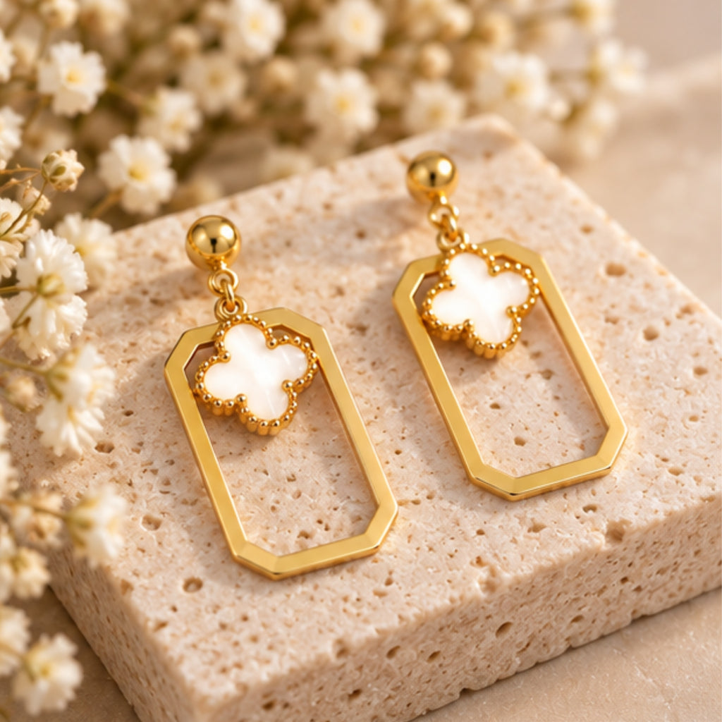 White Clover Geometric Anti-Tarnish Drop Earrings for Women | ZELVÉE