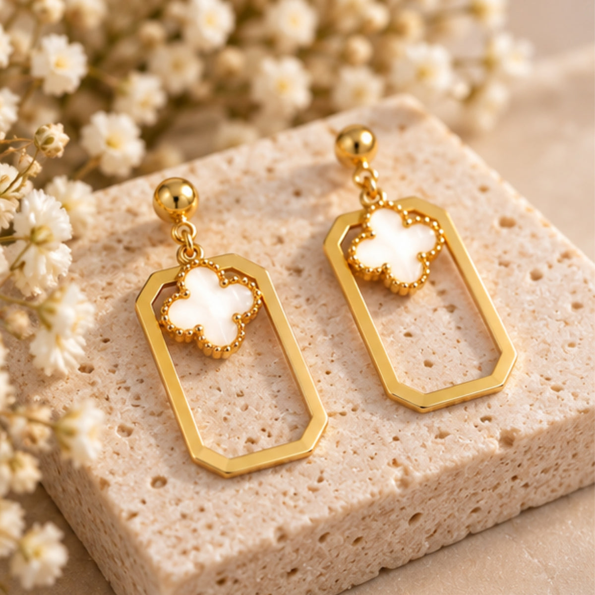 White Clover Geometric Anti-Tarnish Drop Earrings for Women | ZELVÉE