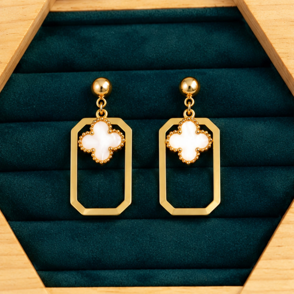 White Clover Geometric Anti-Tarnish Drop Earrings for Women | ZELVÉE