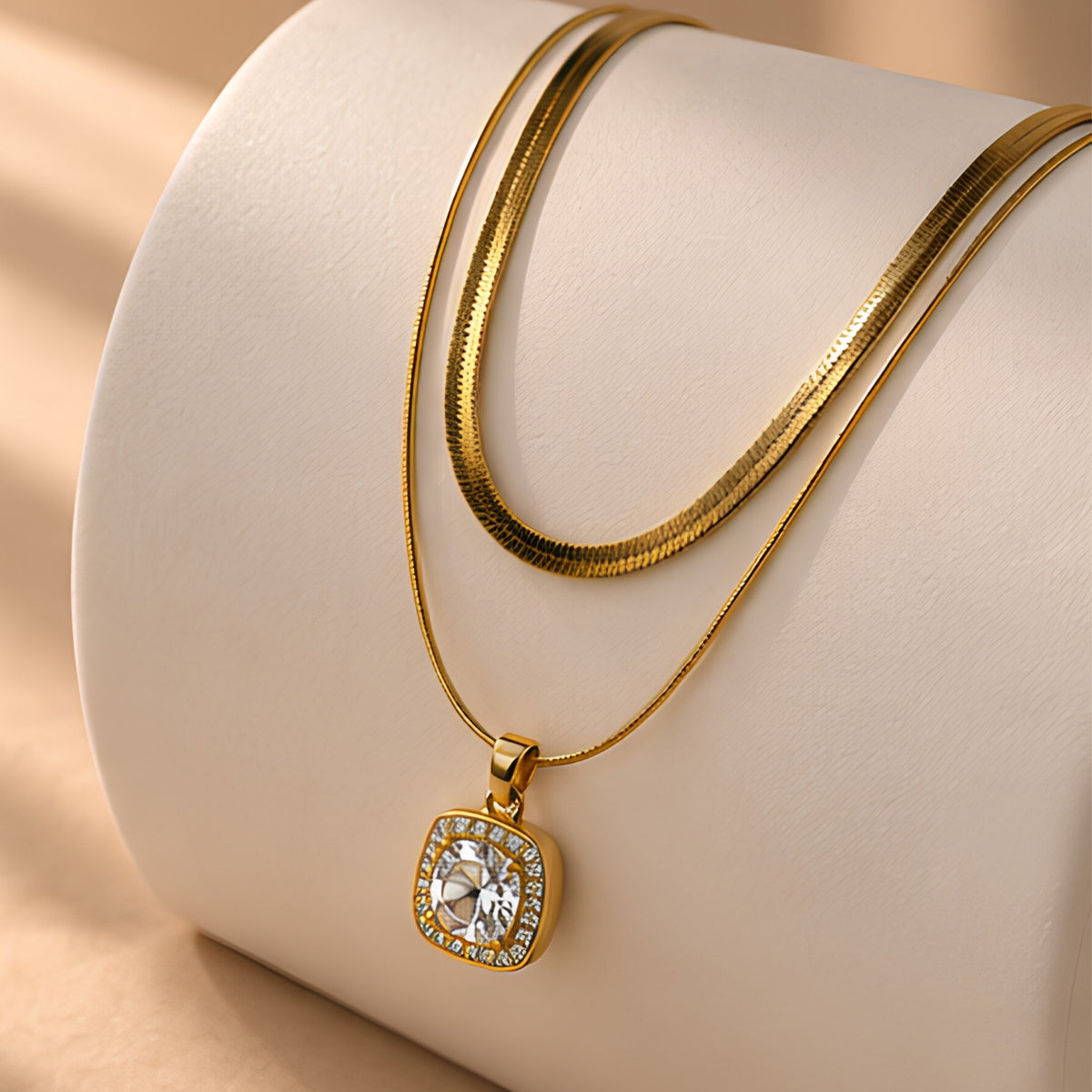 Women's Gold-Tone Layered Necklace with Square & Round Pendant Charms