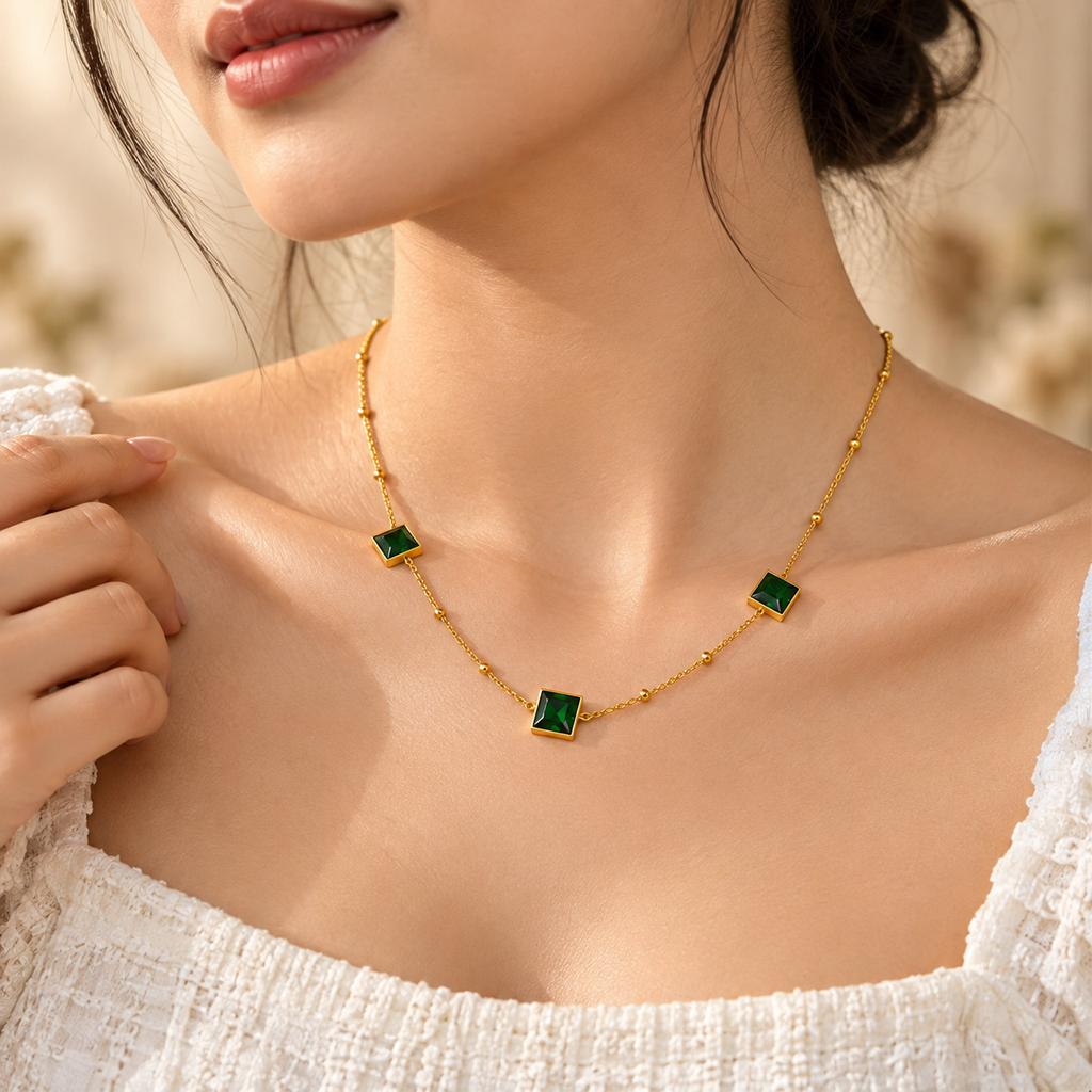 Women's Green Square Pendant Gold-Tone Necklace