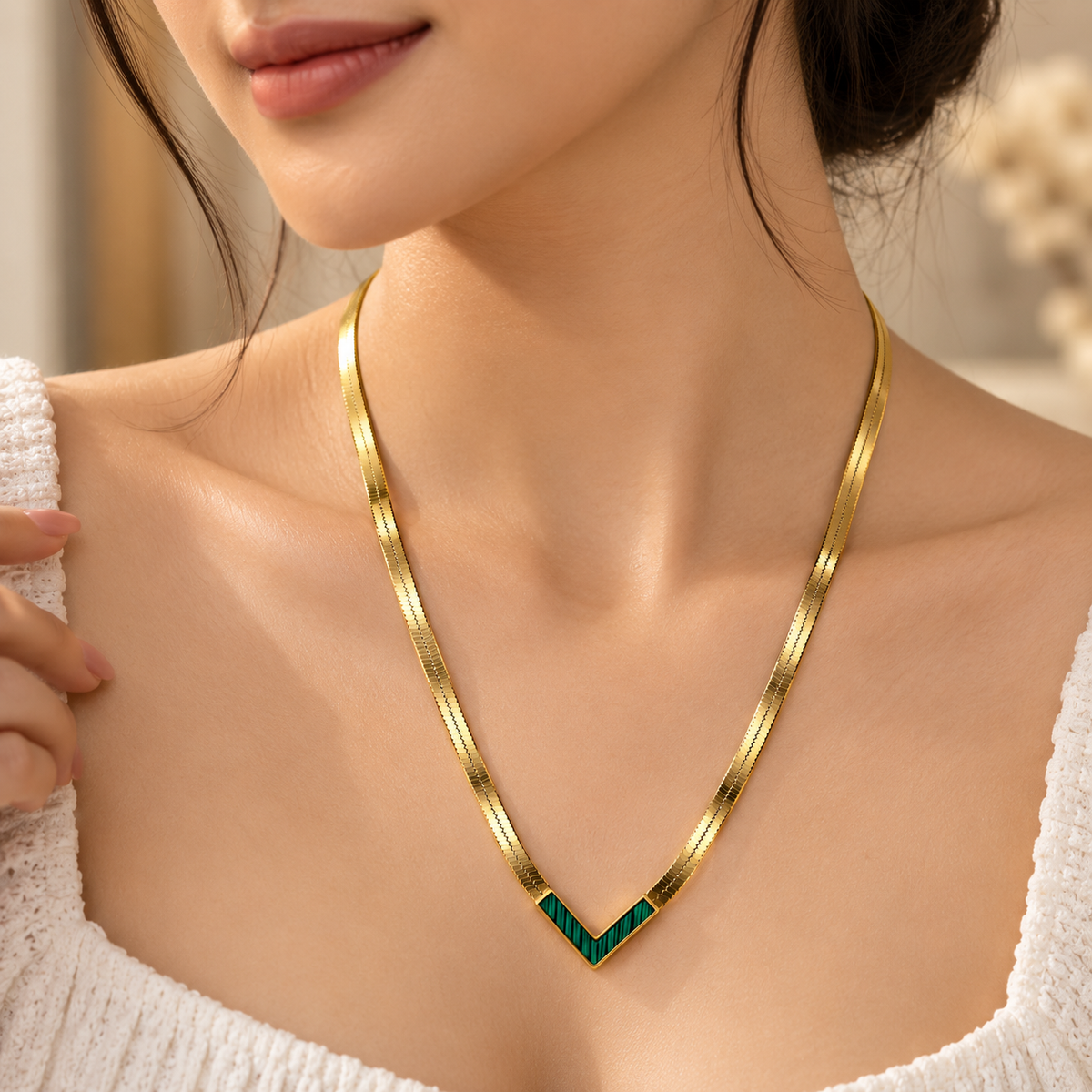 Women's Green V-Shaped Pendant Gold-Tone Necklace