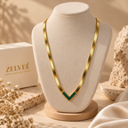 Women's Green V-Shaped Pendant Gold-Tone Necklace