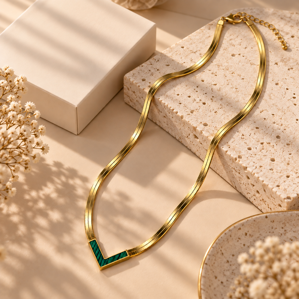 Women's Green V-Shaped Pendant Gold-Tone Necklace