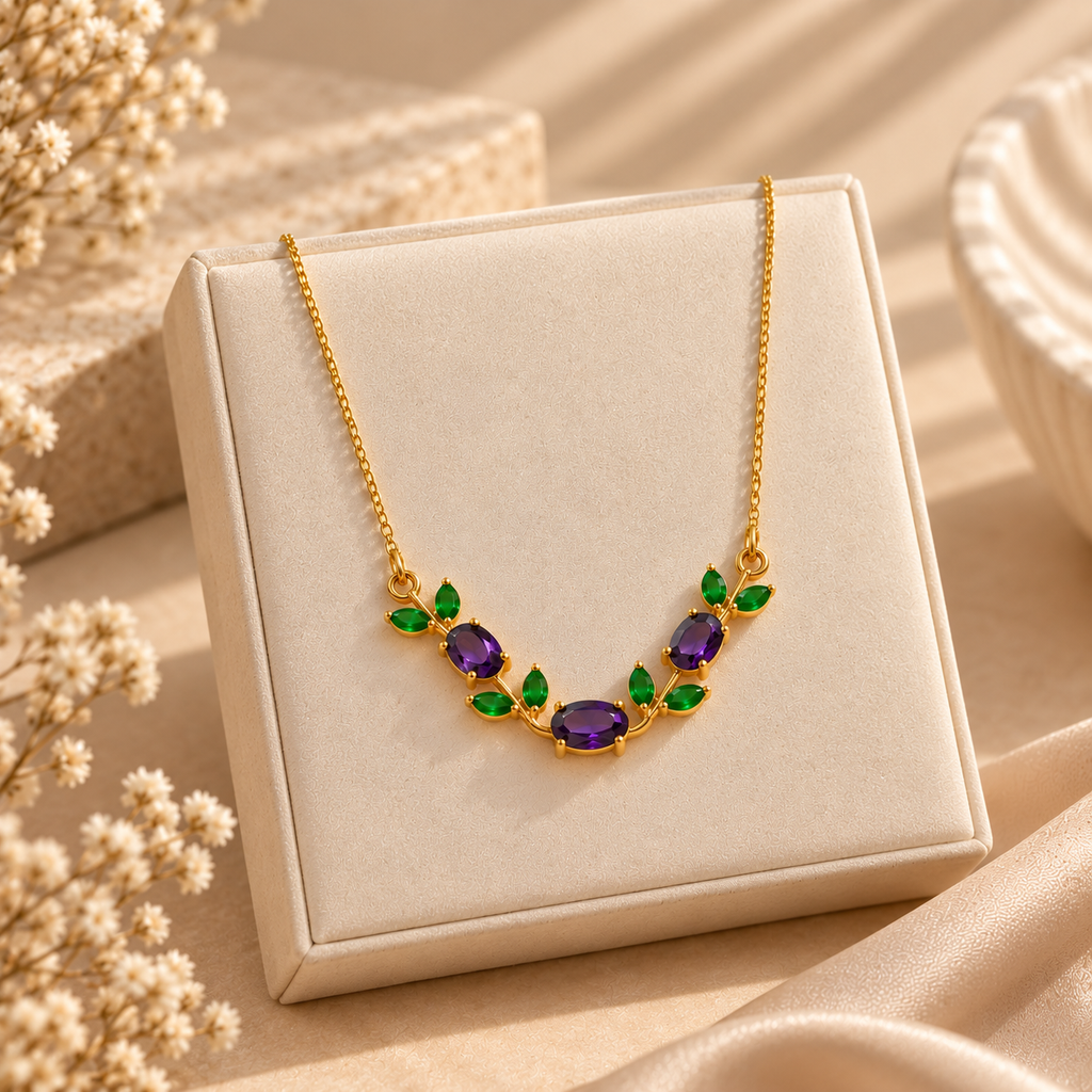 Women's Purple Gemstone & Green Leaf Gold-Tone Necklace