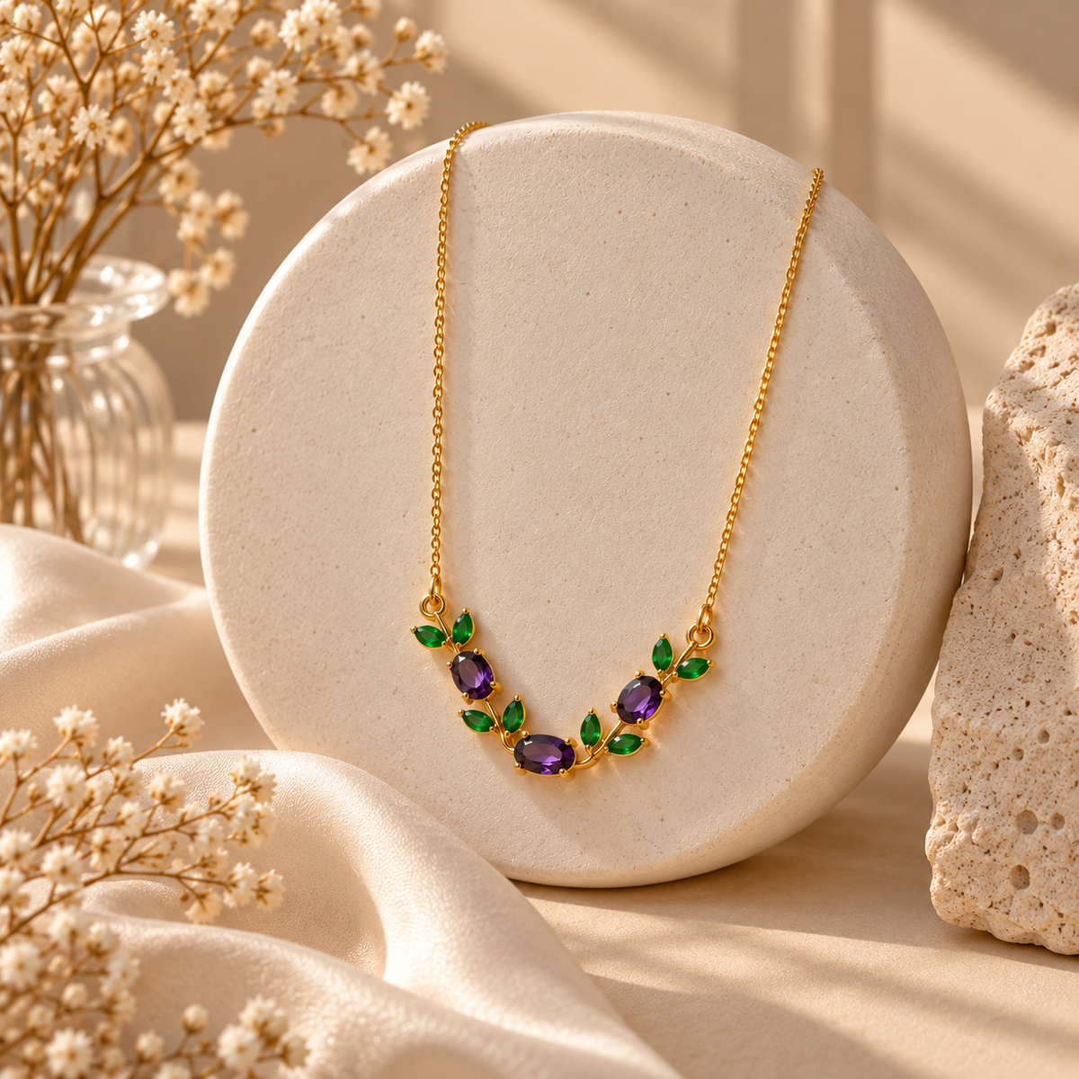 Women's Purple Gemstone & Green Leaf Gold-Tone Necklace