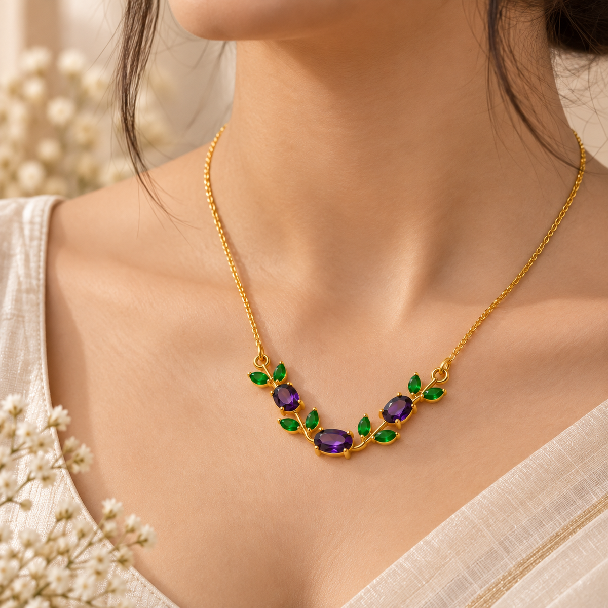 Women's Purple Gemstone & Green Leaf Gold-Tone Necklace