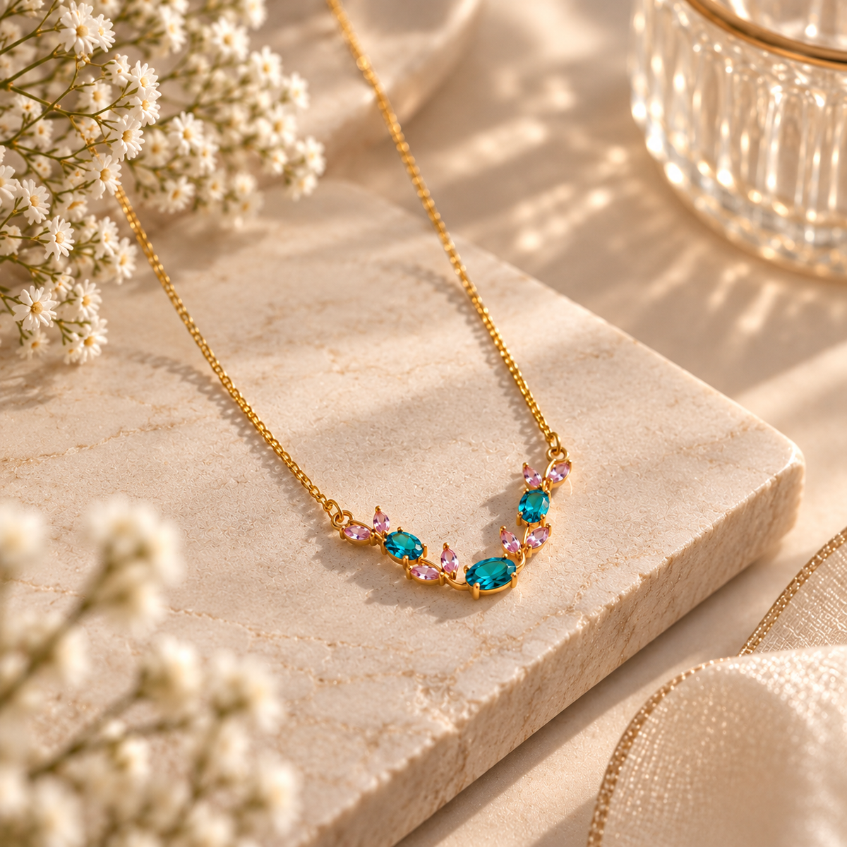 Women's Teal Blue Floral Necklace | Gold-Plated Statement Jewellery
