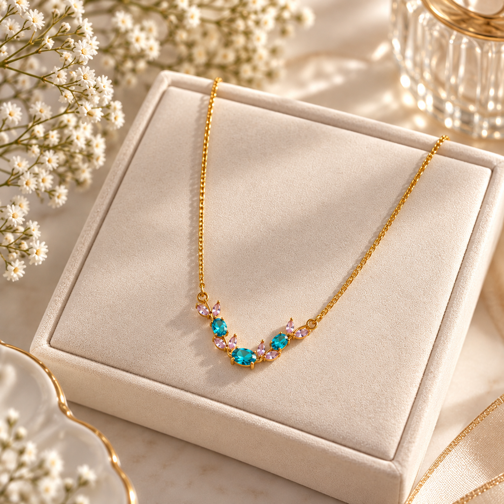 Women's Teal Blue Floral Necklace | Gold-Plated Statement Jewellery