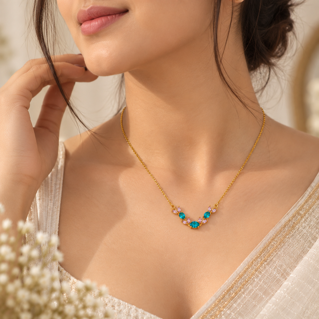 Women's Teal Blue Floral Necklace | Gold-Plated Statement Jewellery