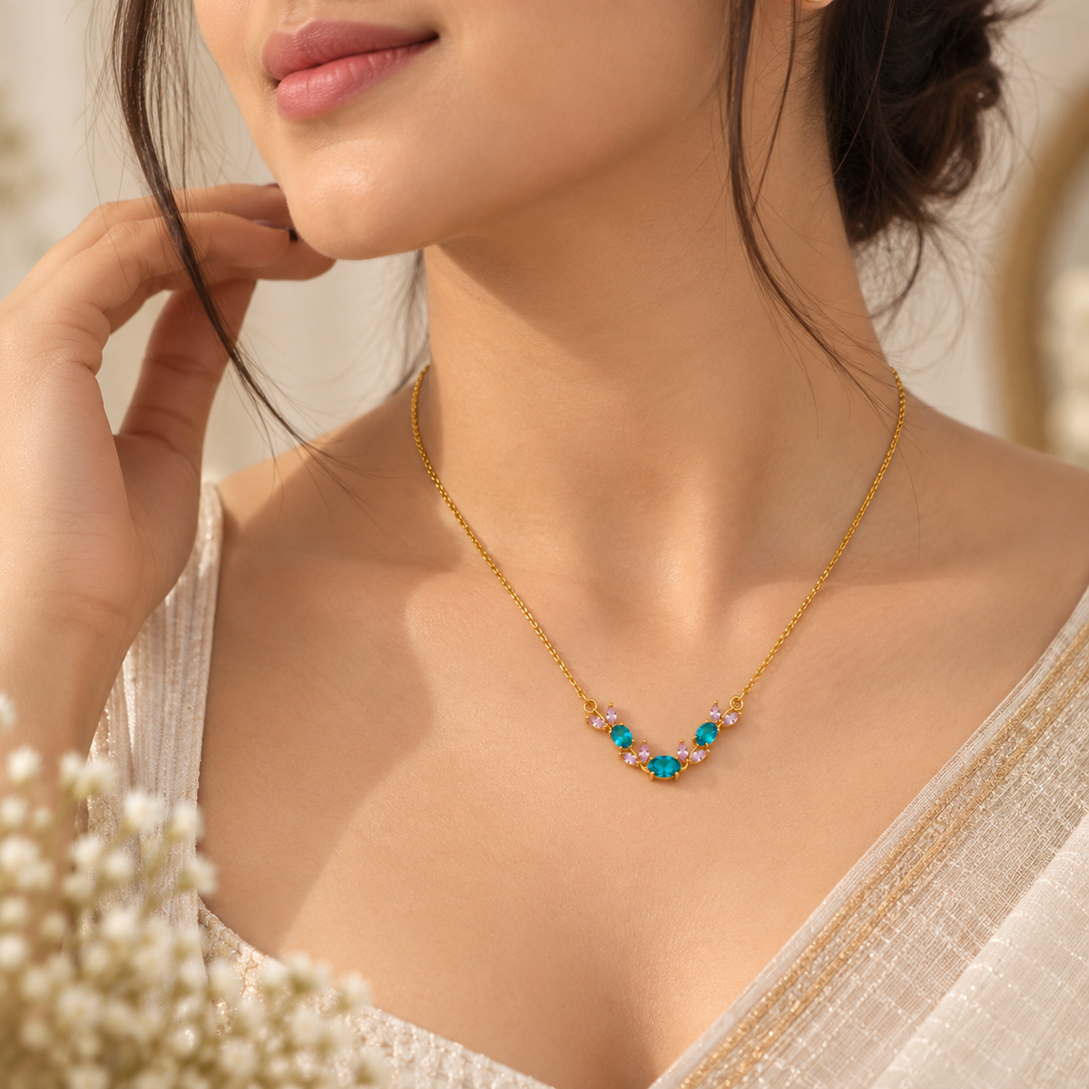 Women's Teal Blue Floral Necklace | Gold-Plated Statement Jewellery