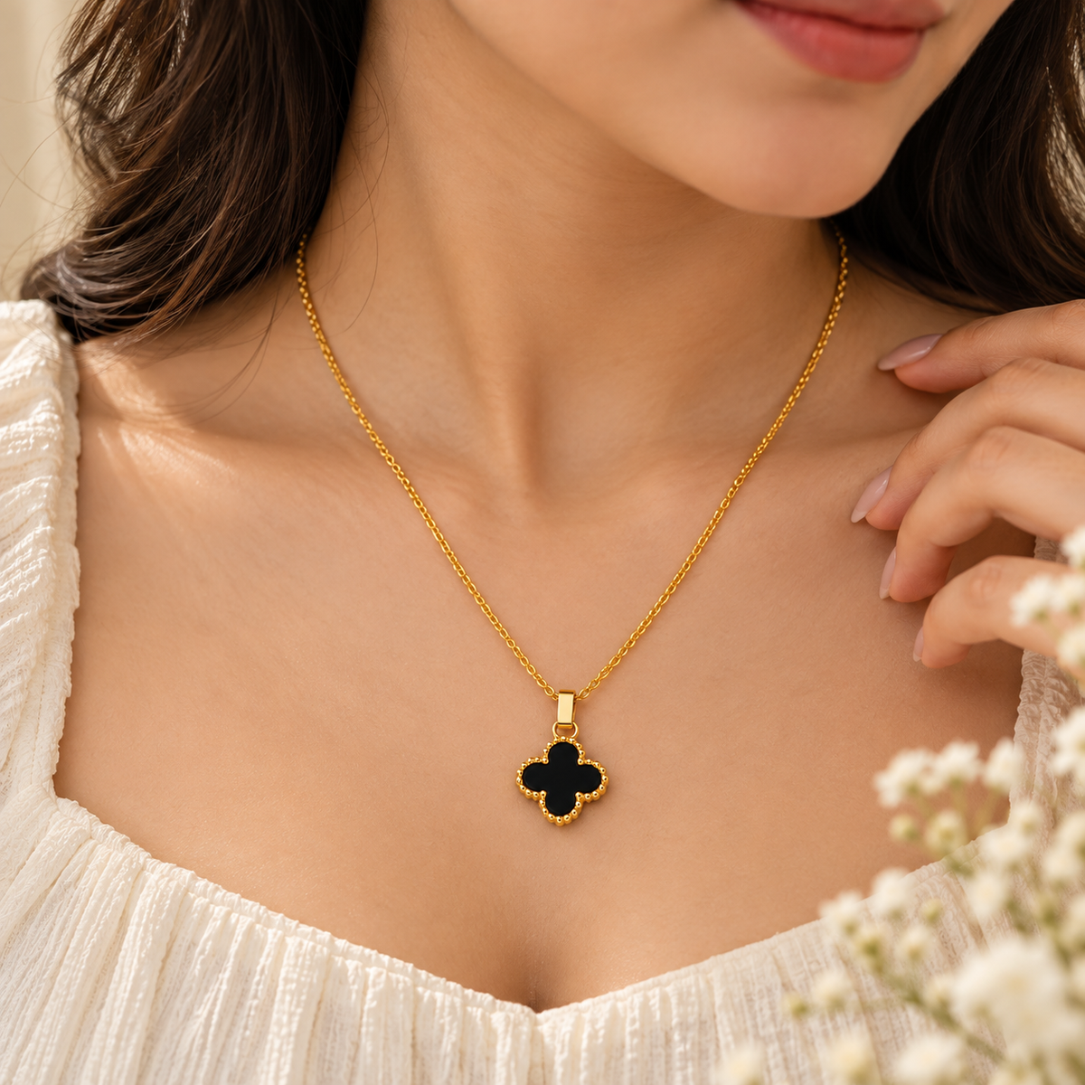 Black Clover Pendant Necklace for Women | Gold-Tone