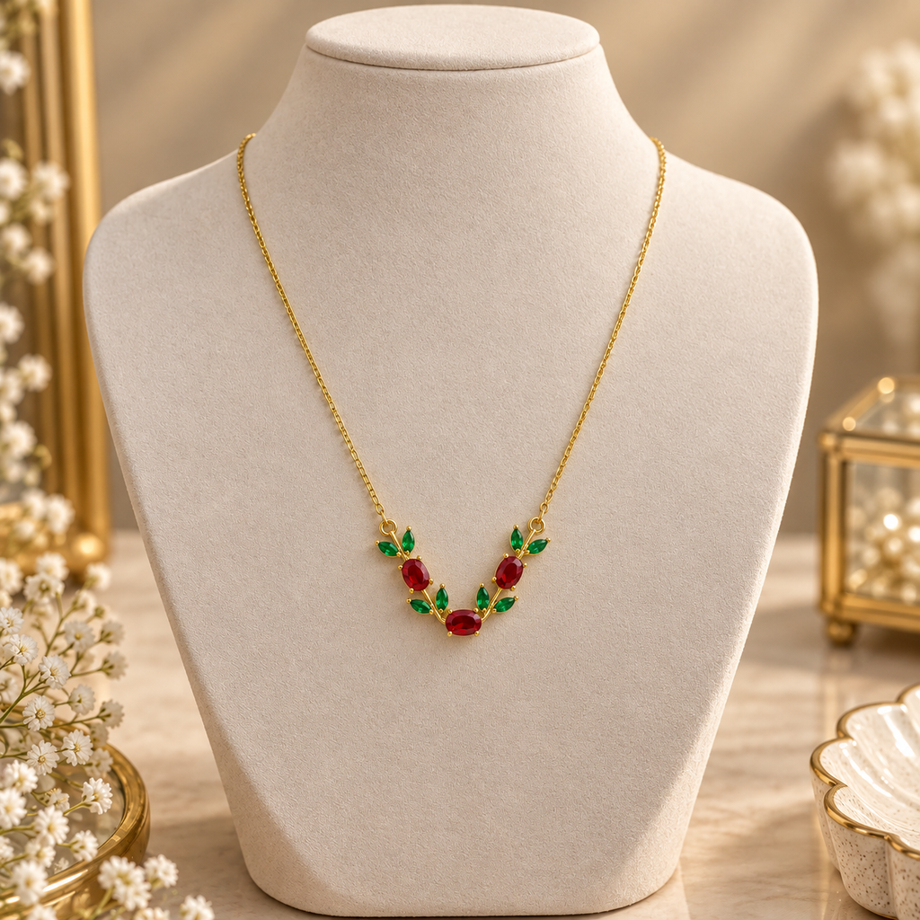 Red & Green Floral Pendant Necklace for Women