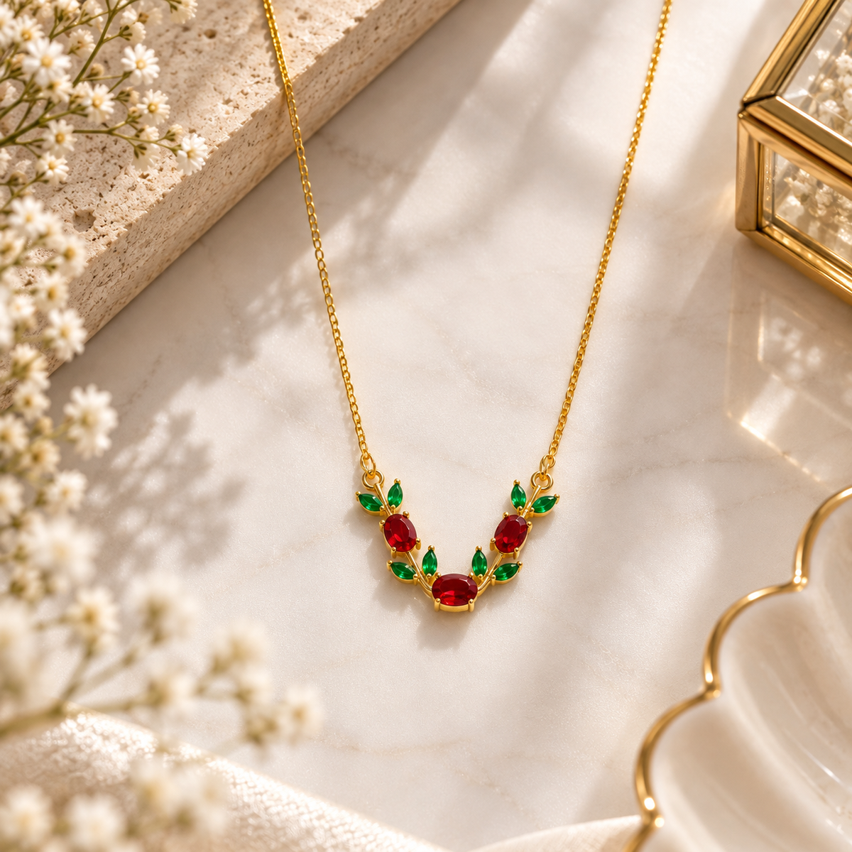 Red & Green Floral Pendant Necklace for Women
