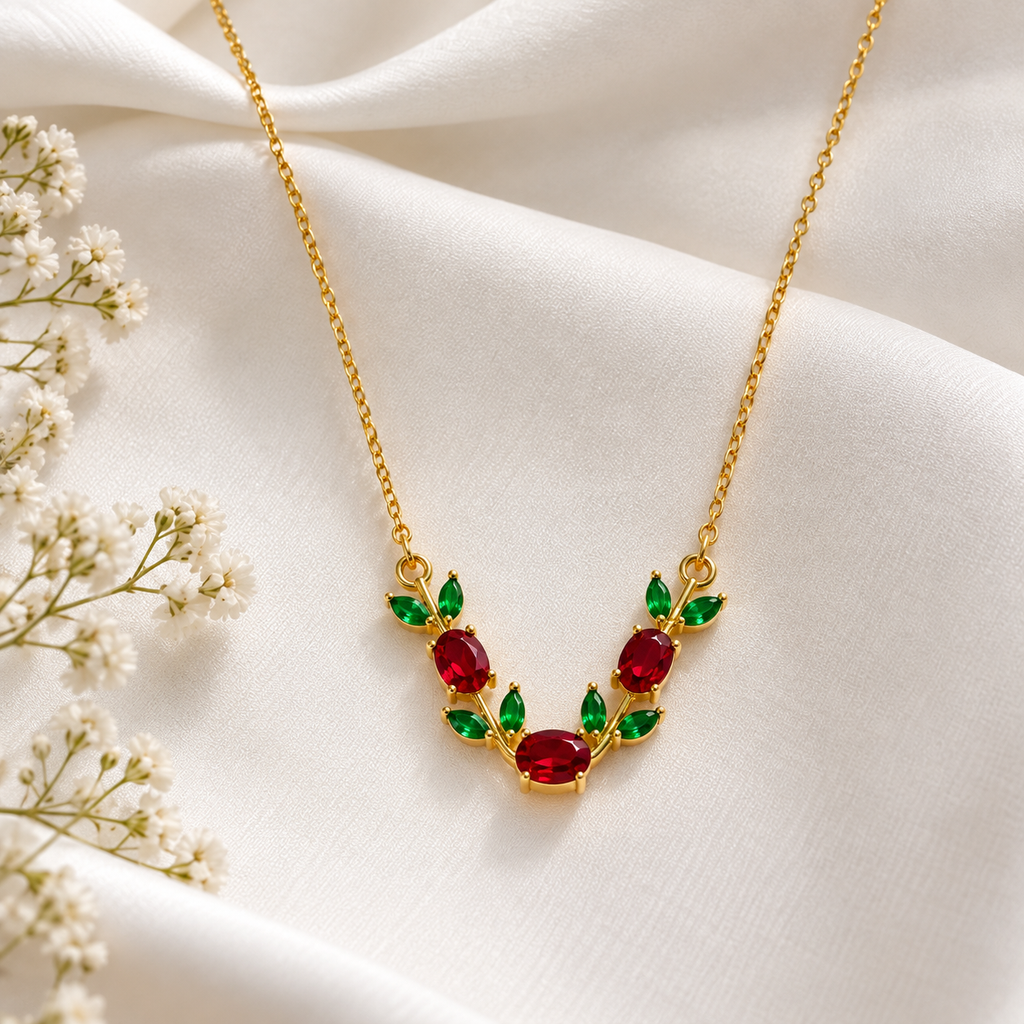 Red & Green Floral Pendant Necklace for Women