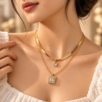 Women's Gold-Tone Layered Necklace with Square & Round Pendant Charms