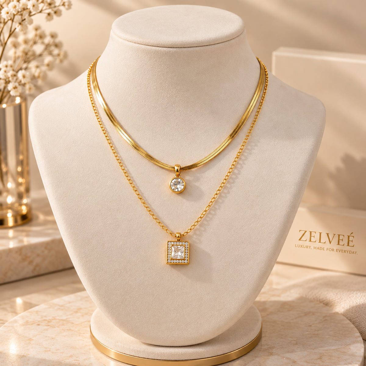 Women's Gold-Tone Layered Necklace with Square & Round Pendant Charms Main image
