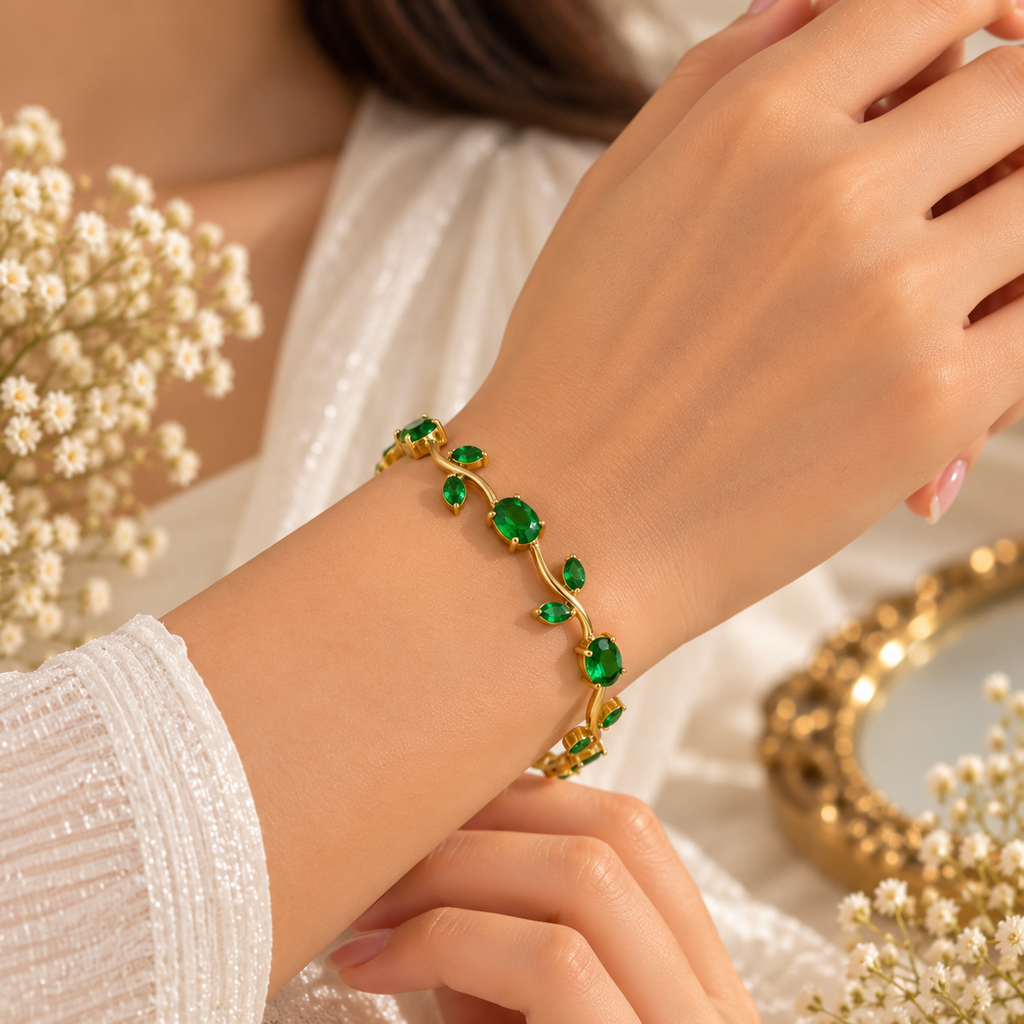 Emerald Green Vine Bracelet for Women | 18K Gold Plated