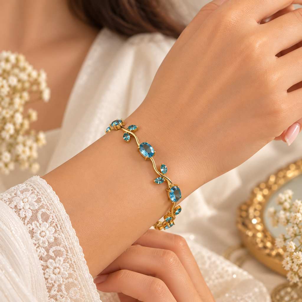 Aqua Blue Vine Bracelet for Women | 18K Gold Plated